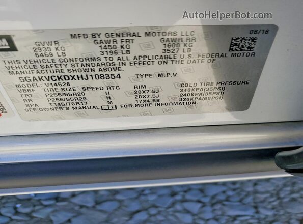 5GAKVCKDXHJ108354 2017 BUICK ENCLAVE White Vista de la etiqueta del VIN