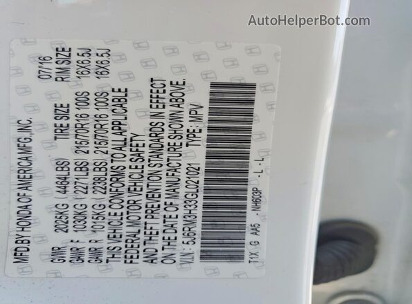 5J6RM3H33GL021021 2016 HONDA CR-V Белый Вид наклейки с VIN-кодом