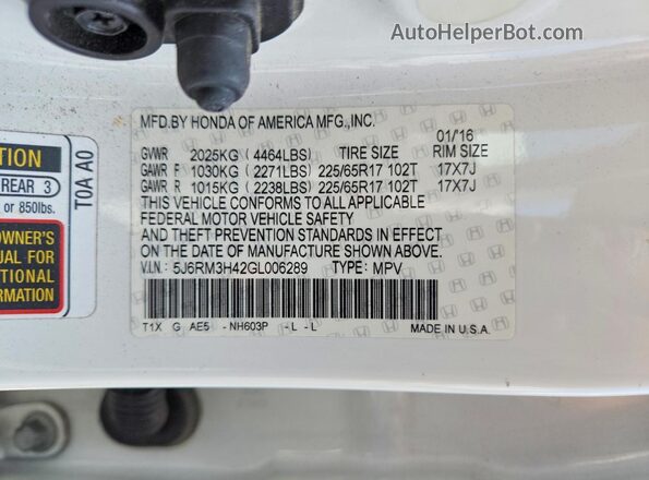 5J6RM3H42GL006289 2016 HONDA CR-V White Vista de la etiqueta del VIN