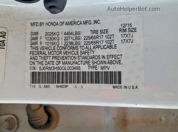 5J6RM3H50GL003495 2016 HONDA CR-V White 360 interior view