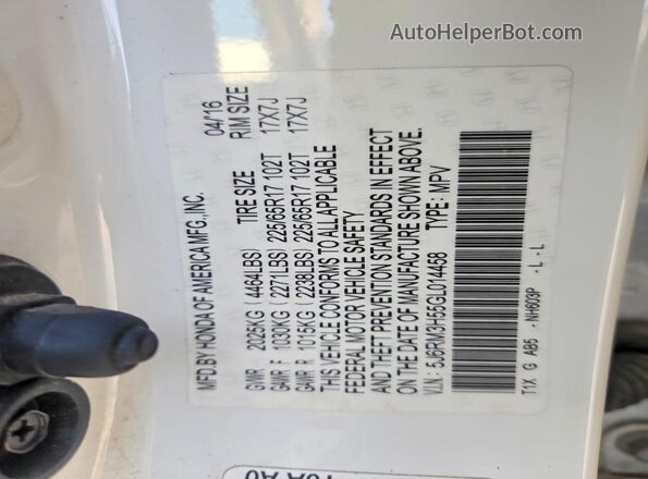 5J6RM3H55GL014458 2016 HONDA CR-V White Вид наклейки з VIN-кодом