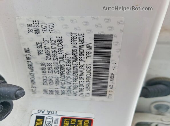 5J6RM3H78GL023379 2016 HONDA CR-V White Widok wnętrza 360 stopni