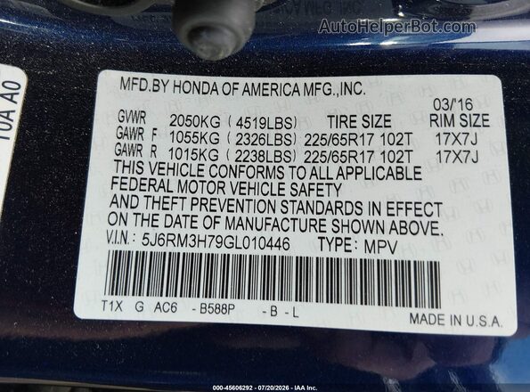 5J6RM3H79GL010446 2016 HONDA CR-V Blue Widok komory silnika