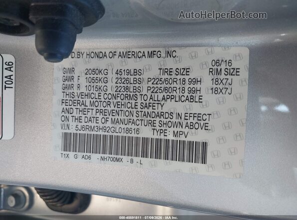 5J6RM3H92GL018616 2016 HONDA CR-V Gray Widok komory silnika
