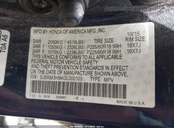 5J6RM3H94GL000103 2016 HONDA CR-V Blue Vista del compartimento del motor
