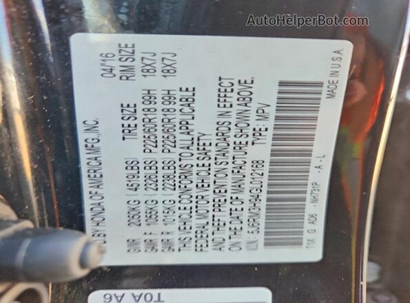 5J6RM3H94GL012168 2016 HONDA CR-V Black VIN կոդի պիտակի տեսք