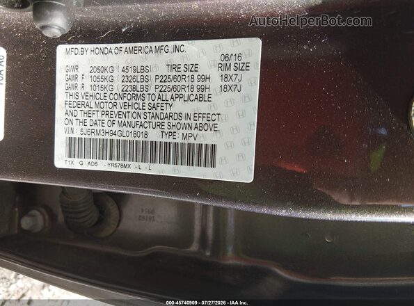 5J6RM3H94GL018018 2016 HONDA CR-V Gray Engine compartment view