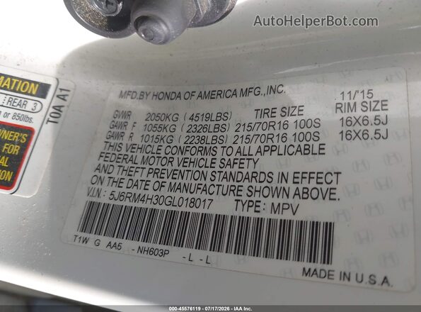 5J6RM4H30GL018017 2016 HONDA CR-V White Widok komory silnika
