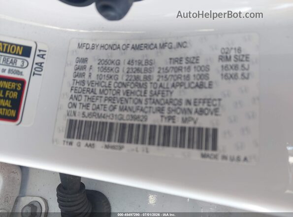 5J6RM4H31GL039829 2016 HONDA CR-V White Вид підкапотного простору