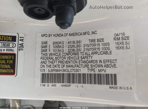 5J6RM4H34GL070301 2016 HONDA CR-V White Engine compartment view