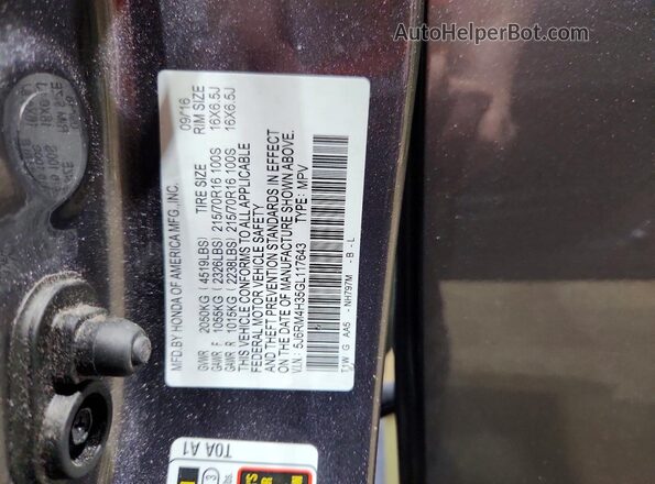 5J6RM4H35GL117643 2016 HONDA CR-V Gray Widok naklejki z numerem VIN