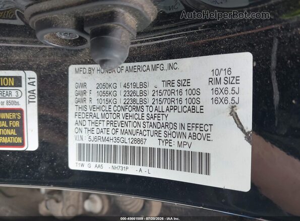 5J6RM4H35GL128867 2016 HONDA CR-V Black Vista del compartimento del motor