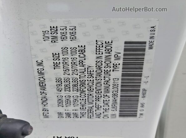 5J6RM4H38GL005113 2016 HONDA CR-V White Widok wnętrza 360 stopni