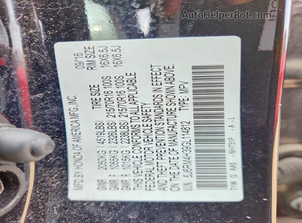 5J6RM4H39GL114812 2016 HONDA CR-V Black VIN sticker view