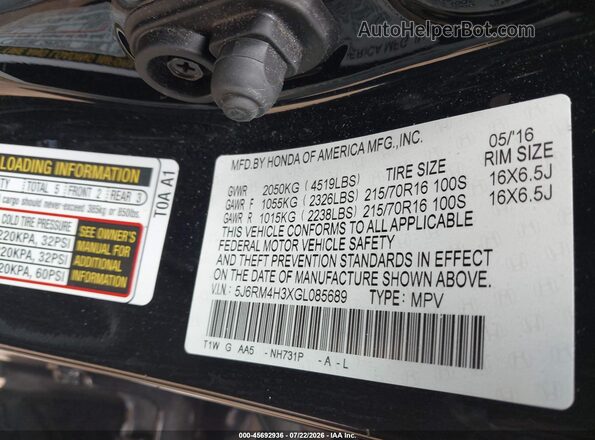5J6RM4H3XGL085689 2016 HONDA CR-V Black Vista del compartimento del motor