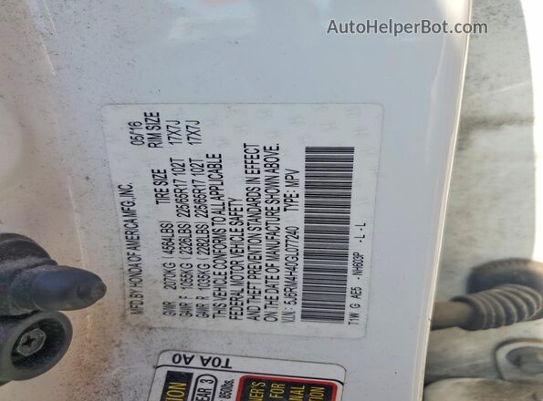 5J6RM4H40GL077240 2016 HONDA CR-V White VIN კოდის სტიკერის ხედი