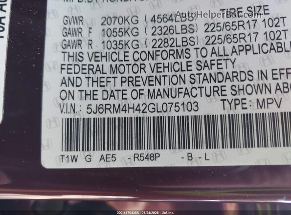 5J6RM4H42GL075103 2016 HONDA CR-V Burgundy Շարժիչի բաժամունքի տեսք