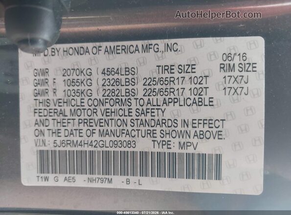 5J6RM4H42GL093083 2016 HONDA CR-V Gray Engine compartment view