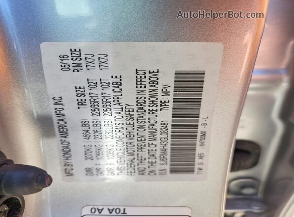 5J6RM4H43GL082481 2016 HONDA CR-V Silver Widok naklejki z numerem VIN