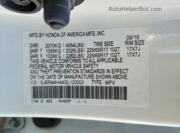5J6RM4H44GL122003 2016 HONDA CR-V Белый Вид наклейки с VIN-кодом