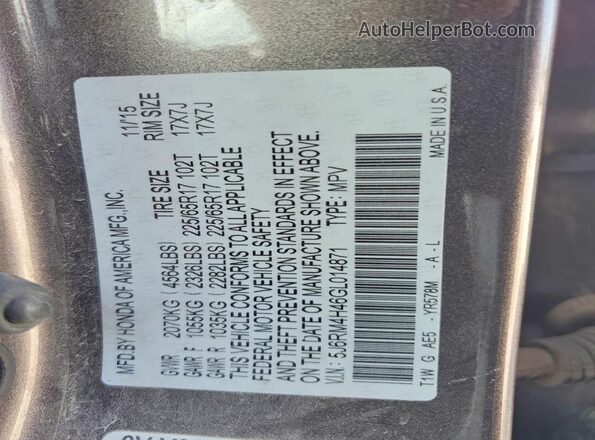 5J6RM4H46GL014871 2016 HONDA CR-V Серый Вид подкапотного пространства