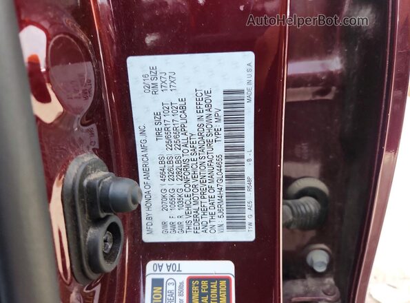 5J6RM4H47GL044655 2016 HONDA CR-V Burgundy VIN կոդի պիտակի տեսք