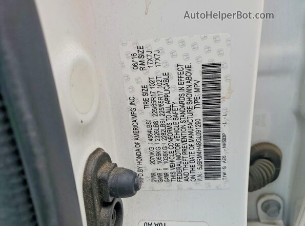 5J6RM4H48GL091290 2016 HONDA CR-V White Вид наклейки з VIN-кодом