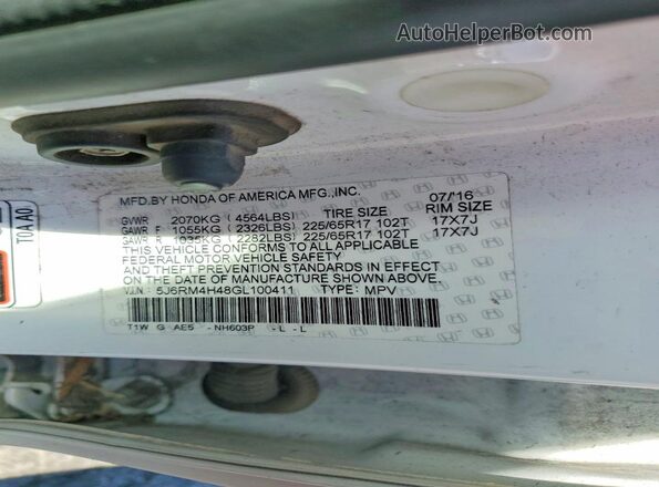 5J6RM4H48GL100411 2016 HONDA CR-V Белый Вид наклейки с VIN-кодом
