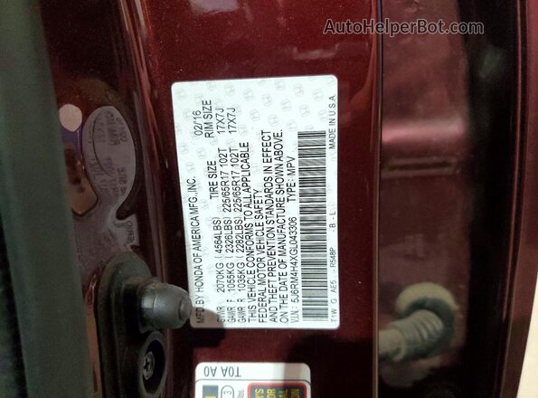 5J6RM4H4XGL043306 2016 HONDA CR-V Burgundy VIN կոդի պիտակի տեսք