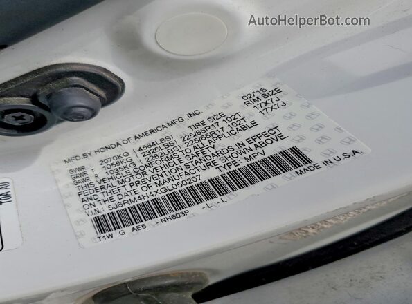5J6RM4H4XGL050207 2016 HONDA CR-V White VIN კოდის სტიკერის ხედი