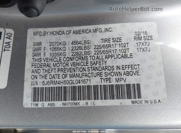 5J6RM4H50GL041671 2016 HONDA CR-V Silver Շարժիչի բաժամունքի տեսք