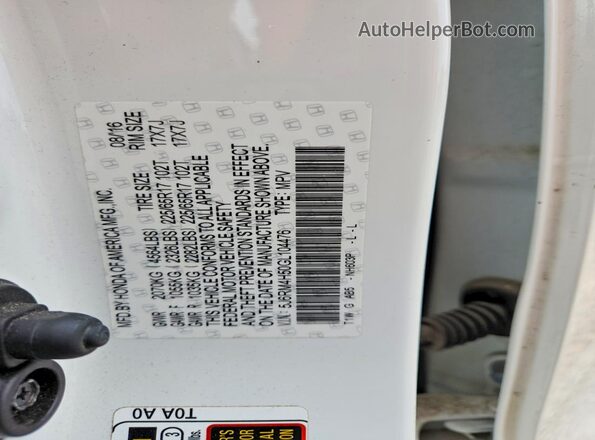 5J6RM4H50GL104476 2016 HONDA CR-V White VIN sticker view