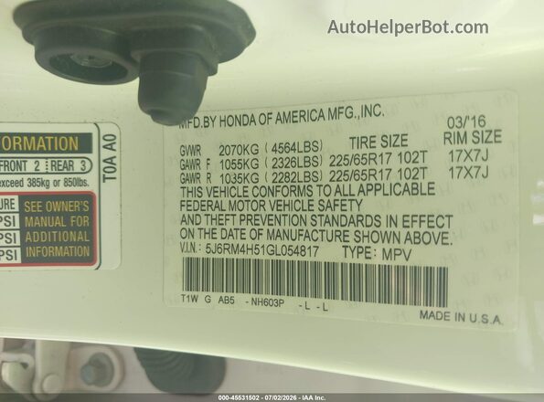 5J6RM4H51GL054817 2016 HONDA CR-V White Widok komory silnika