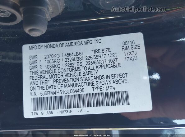 5J6RM4H51GL084495 2016 HONDA CR-V Black ძრავის განყოფილების ხედი
