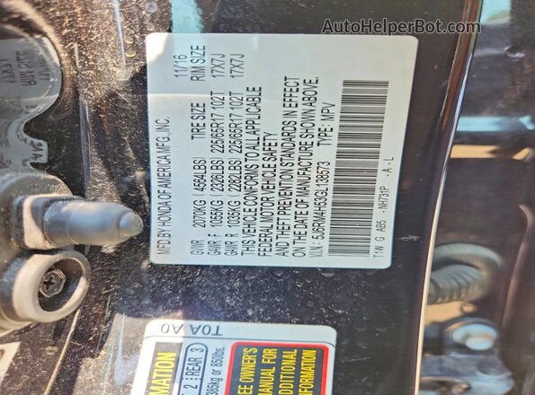 5J6RM4H53GL138573 2016 HONDA CR-V Black VIN sticker view