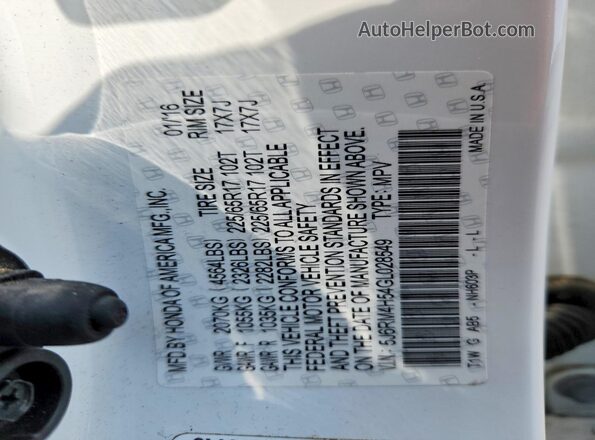 5J6RM4H54GL028549 2016 HONDA CR-V White Vista de la etiqueta del VIN