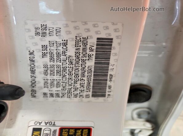 5J6RM4H55GL092471 2016 HONDA CR-V White Vista de la etiqueta del VIN