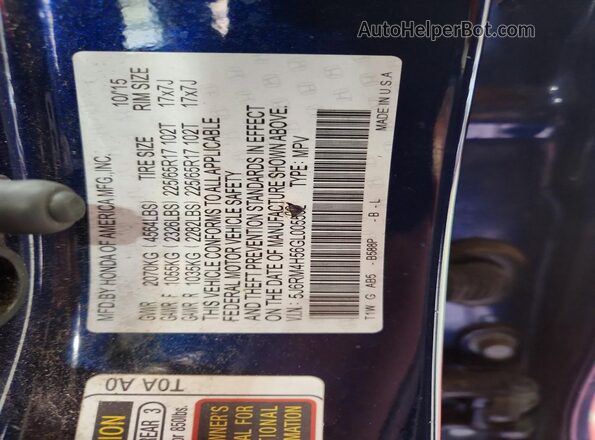 5J6RM4H56GL005502 2016 HONDA CR-V Blue Vista de la etiqueta del VIN