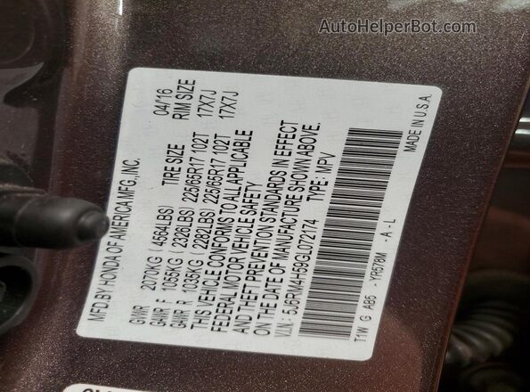 5J6RM4H59GL072174 2016 HONDA CR-V Gray VIN sticker view