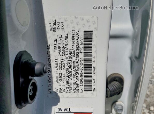 5J6RM4H5XGL100757 2016 HONDA CR-V White Widok naklejki z numerem VIN