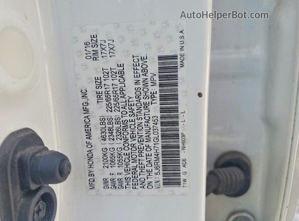 5J6RM4H71GL037453 2016 HONDA CR-V White VIN կոդի պիտակի տեսք