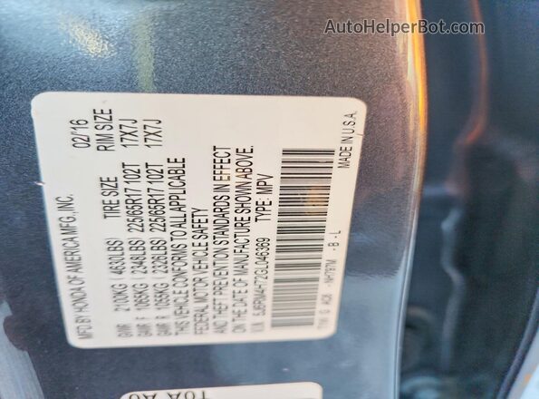 5J6RM4H72GL046369 2016 HONDA CR-V Gray Widok naklejki z numerem VIN
