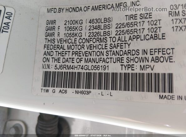 5J6RM4H74GL056191 2016 HONDA CR-V White Vista del compartimento del motor