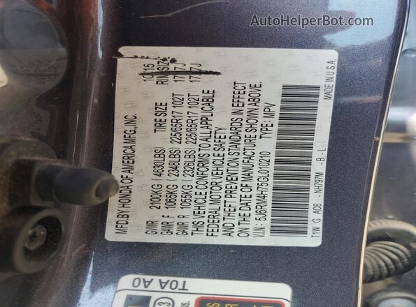 5J6RM4H75GL010210 2016 HONDA CR-V Silver VIN sticker view