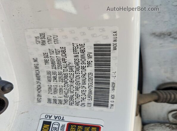 5J6RM4H75GL026729 2016 HONDA CR-V Белый Вид наклейки с VIN-кодом