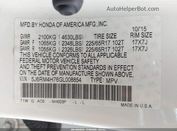 5J6RM4H76GL008854 2016 HONDA CR-V White Вид підкапотного простору