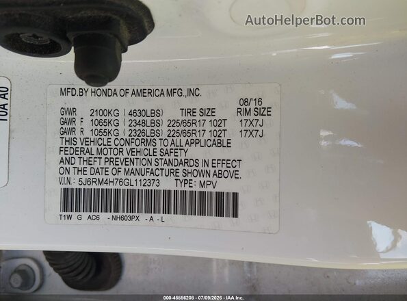 5J6RM4H76GL112373 2016 HONDA CR-V White Widok komory silnika