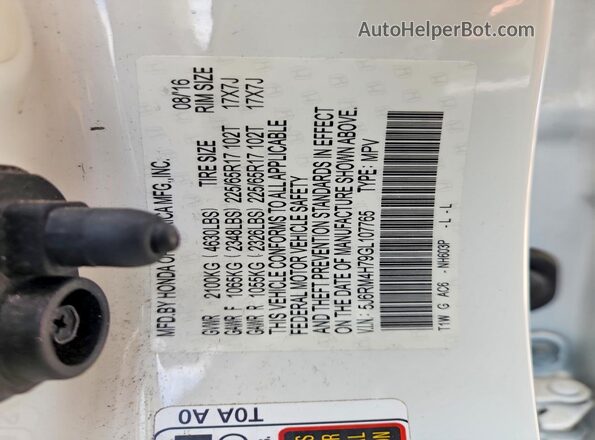 5J6RM4H79GL107765 2016 HONDA CR-V White VIN sticker view