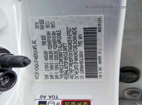 5J6RM4H90GL055041 2016 HONDA CR-V White Սալոնի 360 աստիճան տեսք