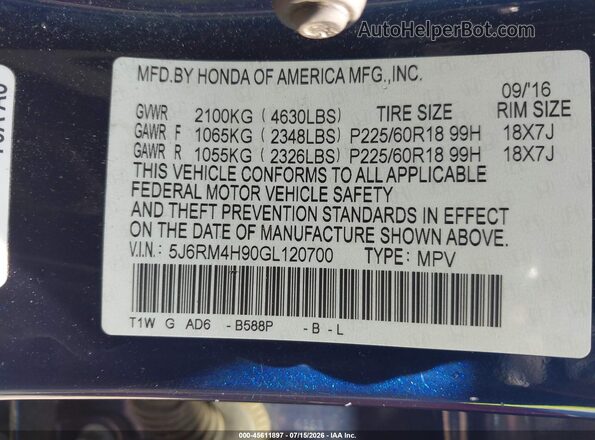 5J6RM4H90GL120700 2016 HONDA CR-V Синий Вид подкапотного пространства